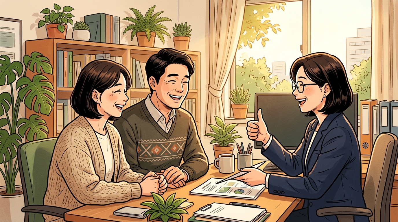세무사 상담 후 안도하는 40대 부부
